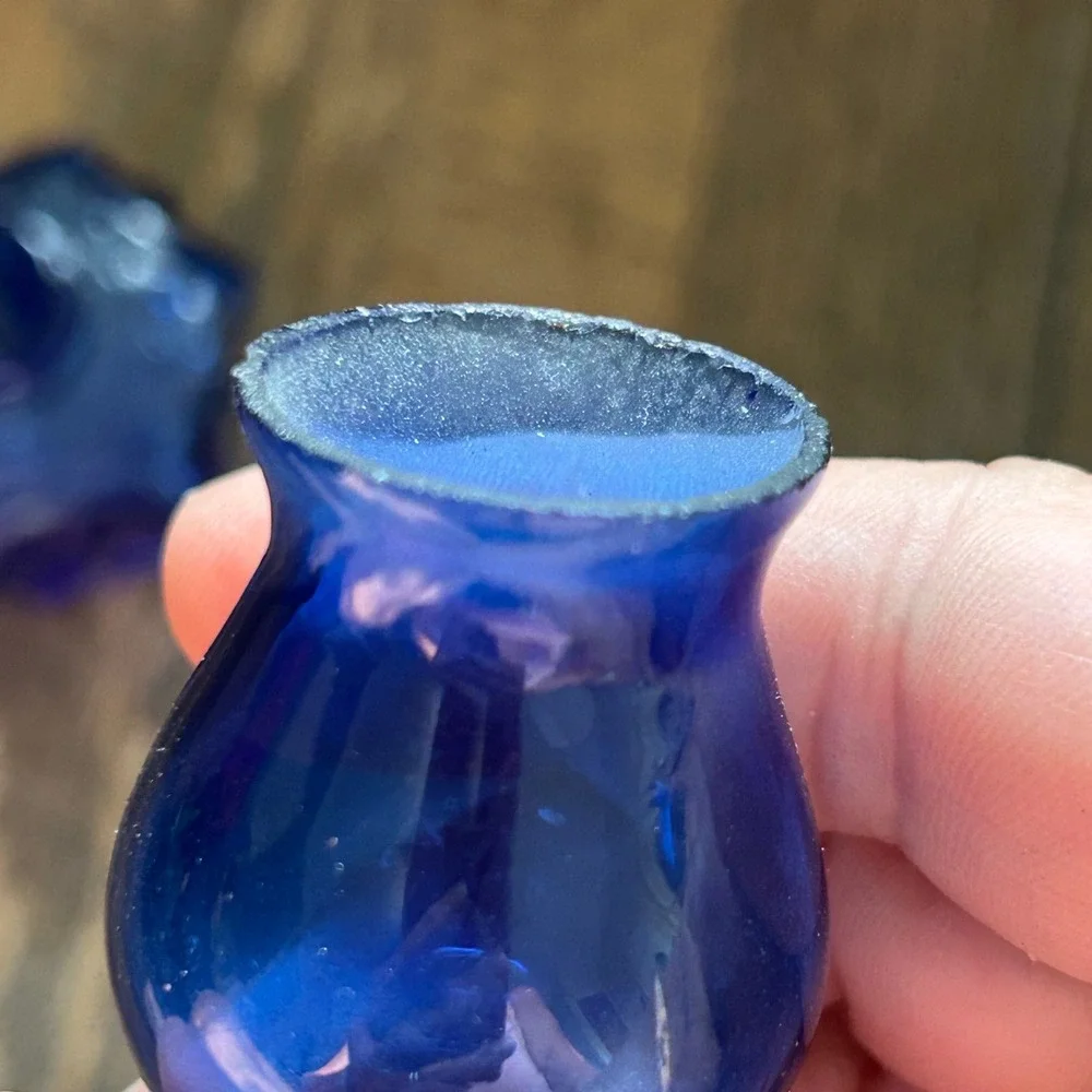 Vintage Cobalt Blue Glass Miniature Oil Lamps Set of 2 Tiny Decor